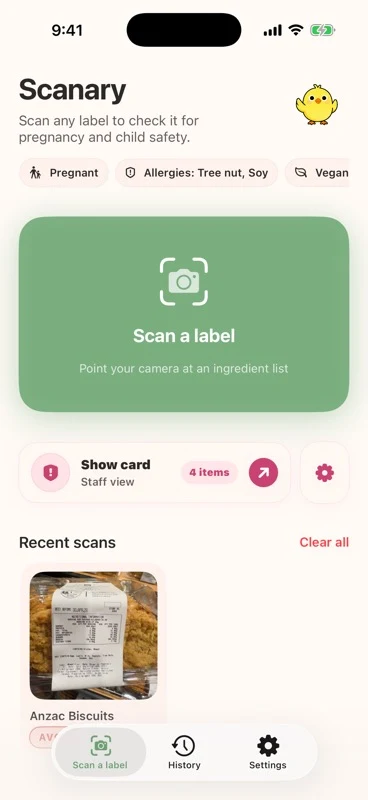 Scanary iPhone app home screen